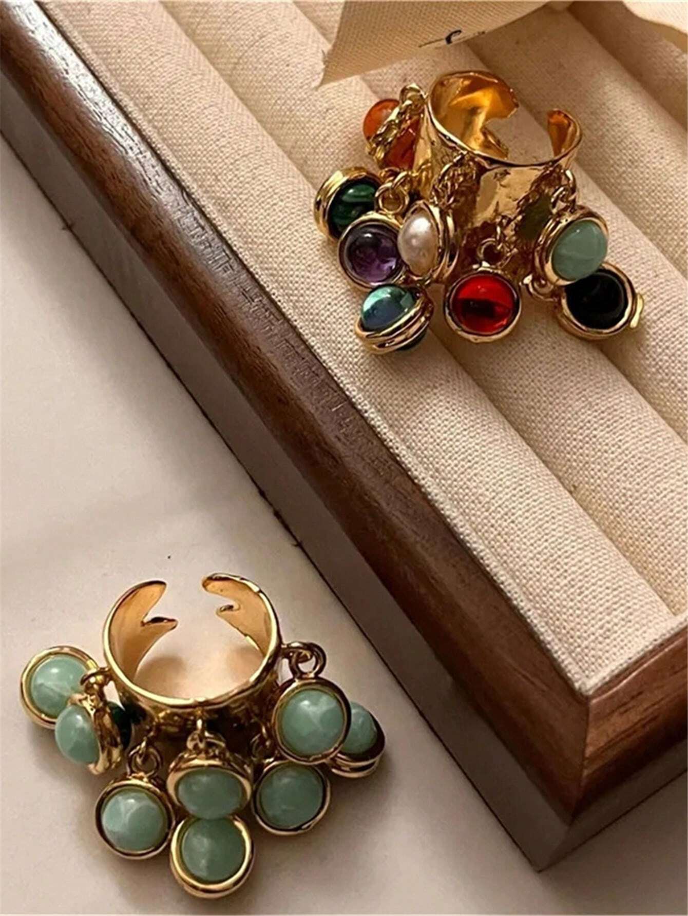 SHEIN Vintage Ring With Adjustable Peacock Stone Pendant & Tassel