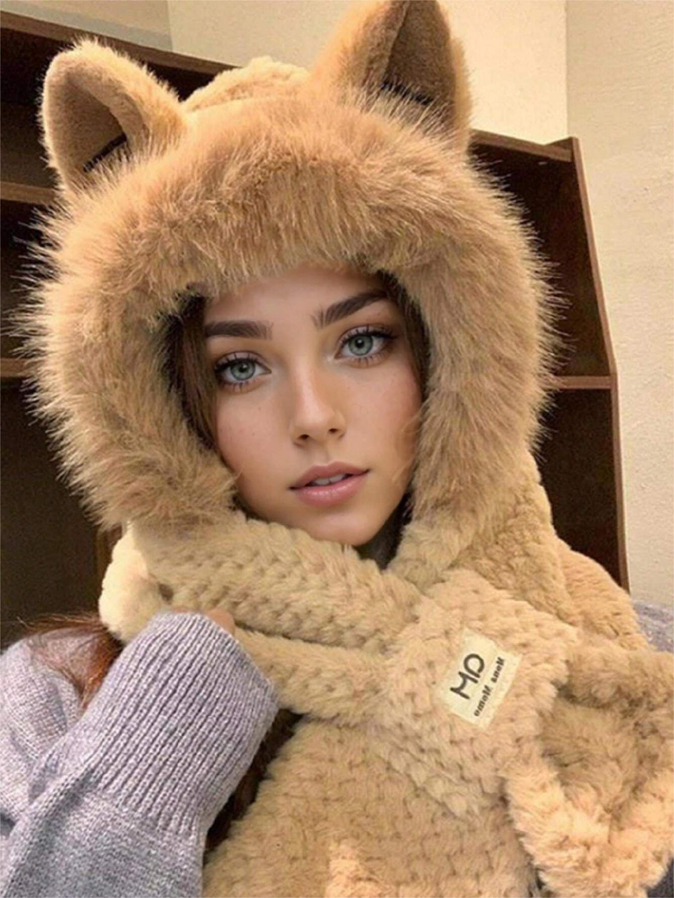 SHEIN Winter Warm Hooded Scarf Elastic Thick Neck Warmer Cartoon Ears