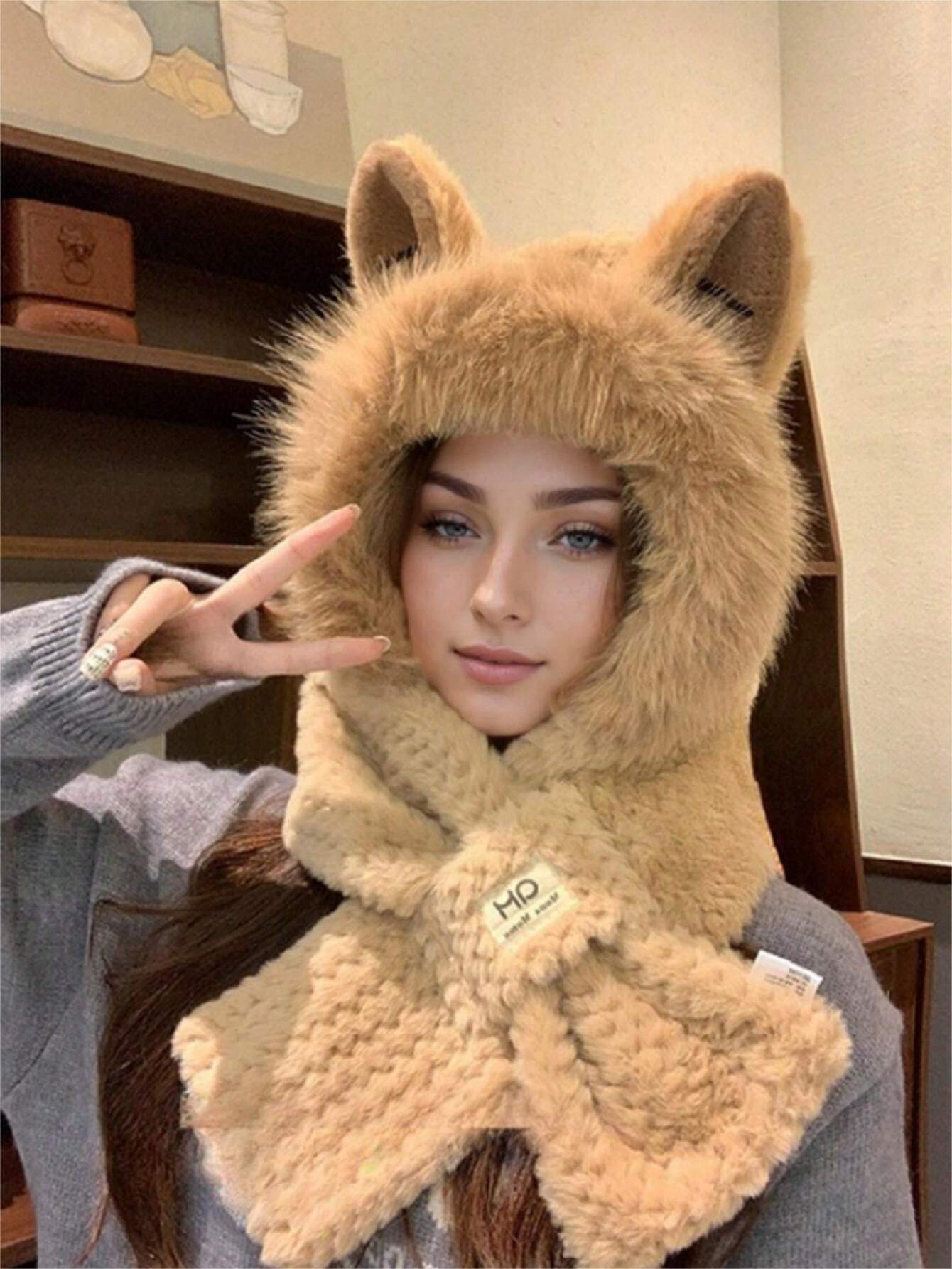 SHEIN Winter Warm Hooded Scarf Elastic Thick Neck Warmer Cartoon Ears