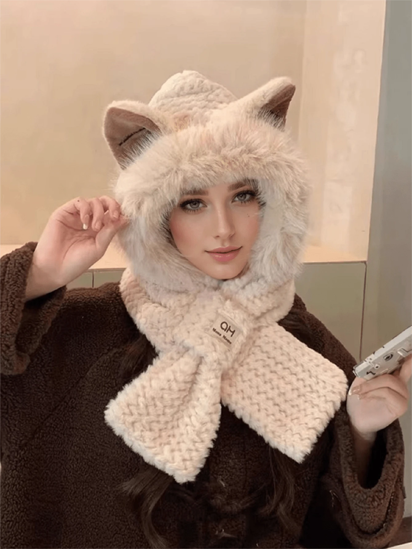 SHEIN Winter Warm Hooded Scarf Elastic Thick Neck Warmer Cartoon Ears