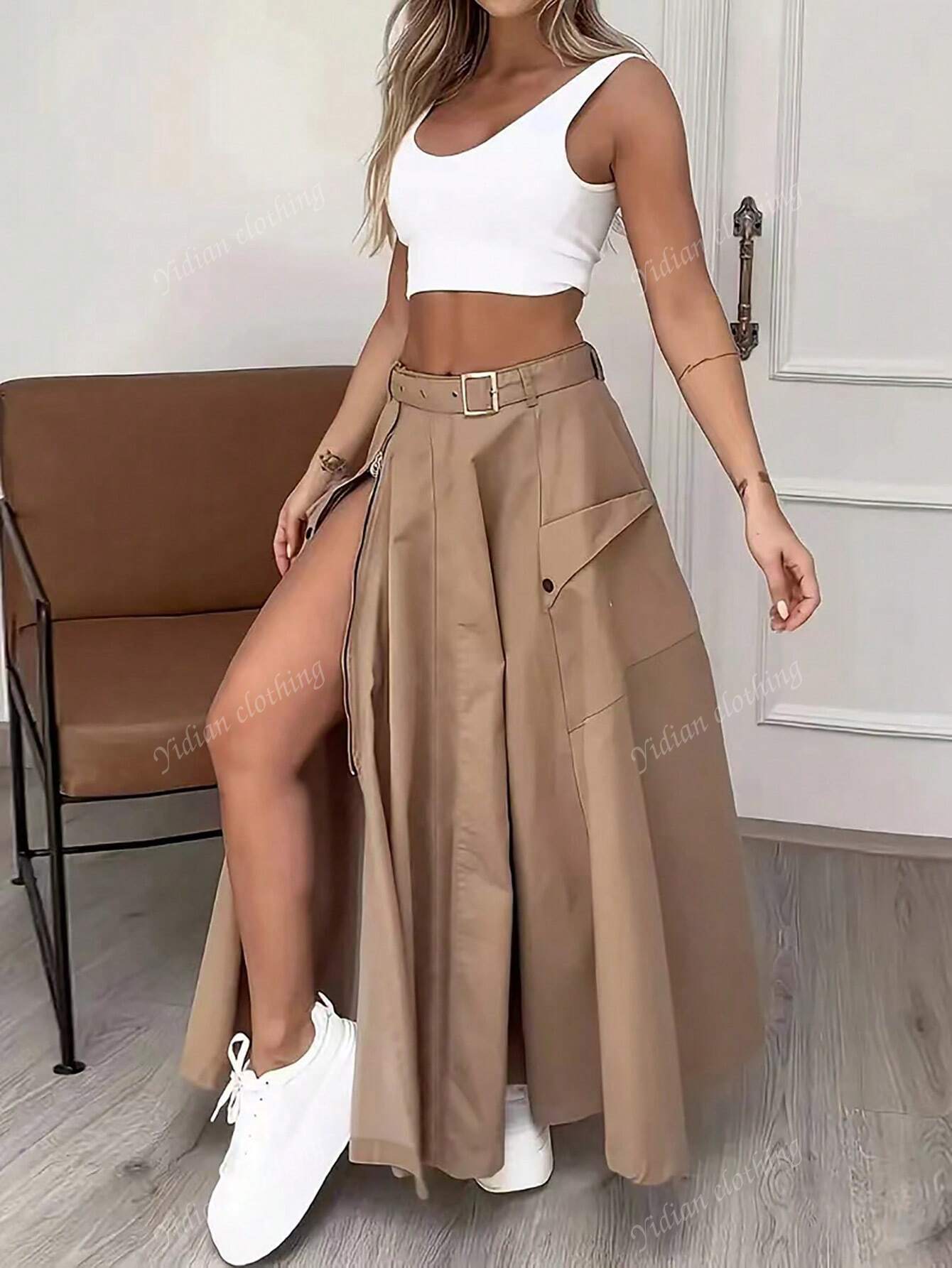 SHEIN Women Side Zipper Pocket Button Minimalist Fashion A Line Skirt