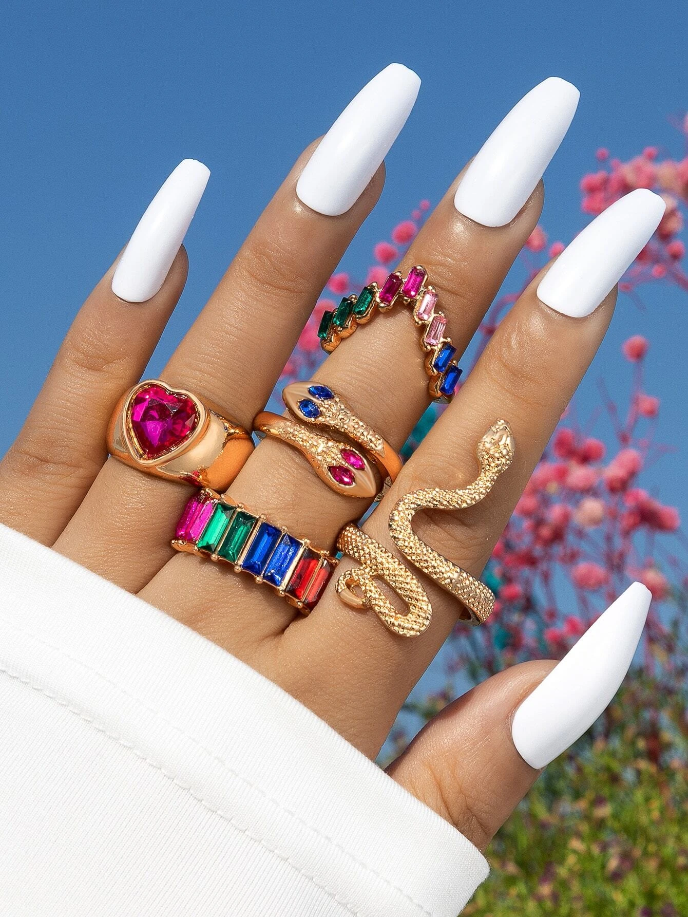 SHEIN imoli 5pcs Random Color Rhinestone & Snake Decor Ring