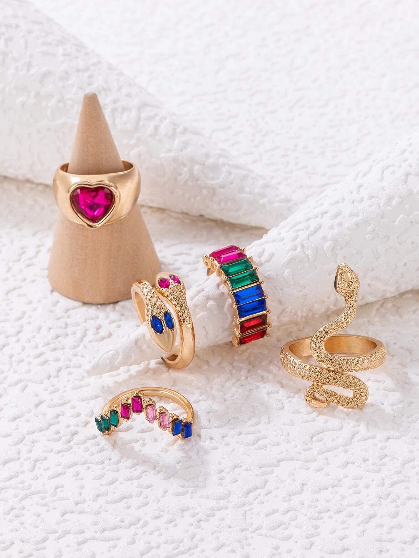 SHEIN imoli 5pcs Random Color Rhinestone & Snake Decor Ring