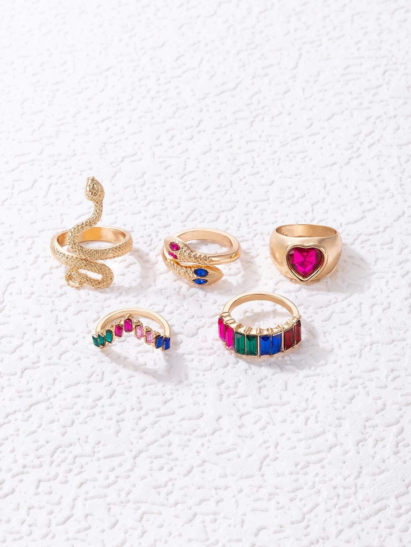 SHEIN imoli 5pcs Random Color Rhinestone & Snake Decor Ring