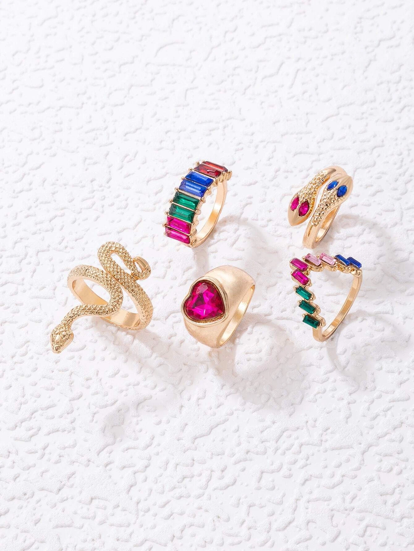 SHEIN imoli 5pcs Random Color Rhinestone & Snake Decor Ring