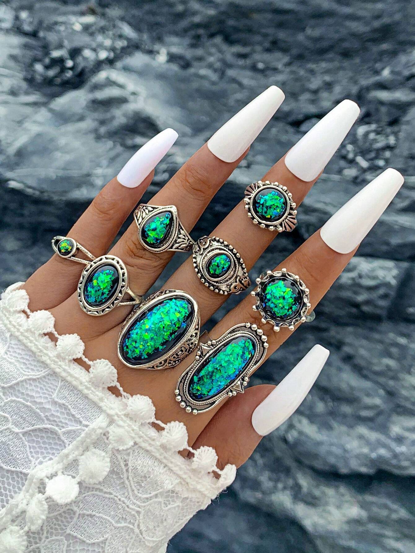 SHEIN imoli 8pcs Rhinestone Decor Ring