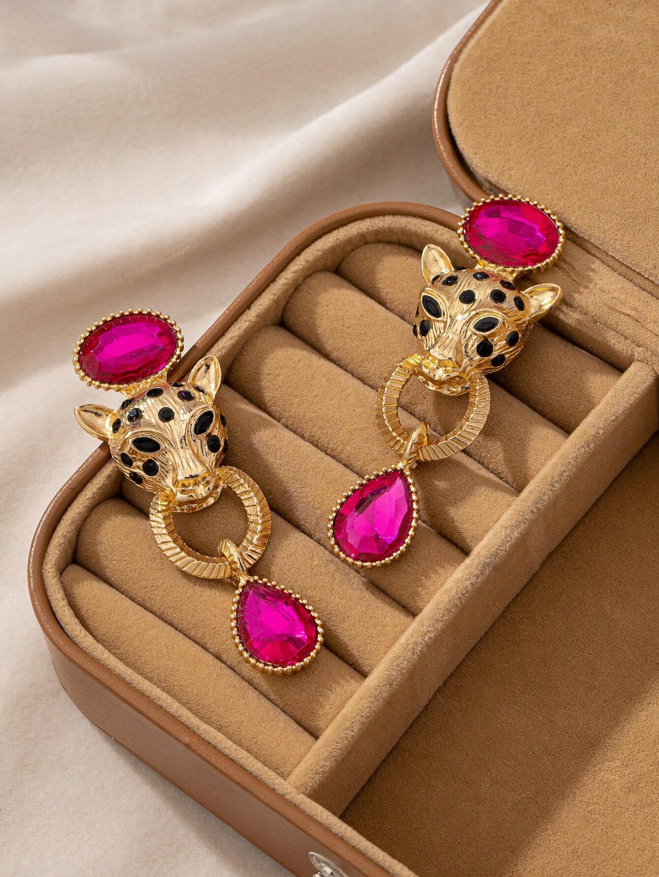 1 Pair Vintage 3D Cheetah Fully Embellished Exaggerated Niche High-End Earrings