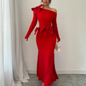 SHEIN Privé Women Solid Color Asymmetric Neck Long Sleeve Bow Decor Dress