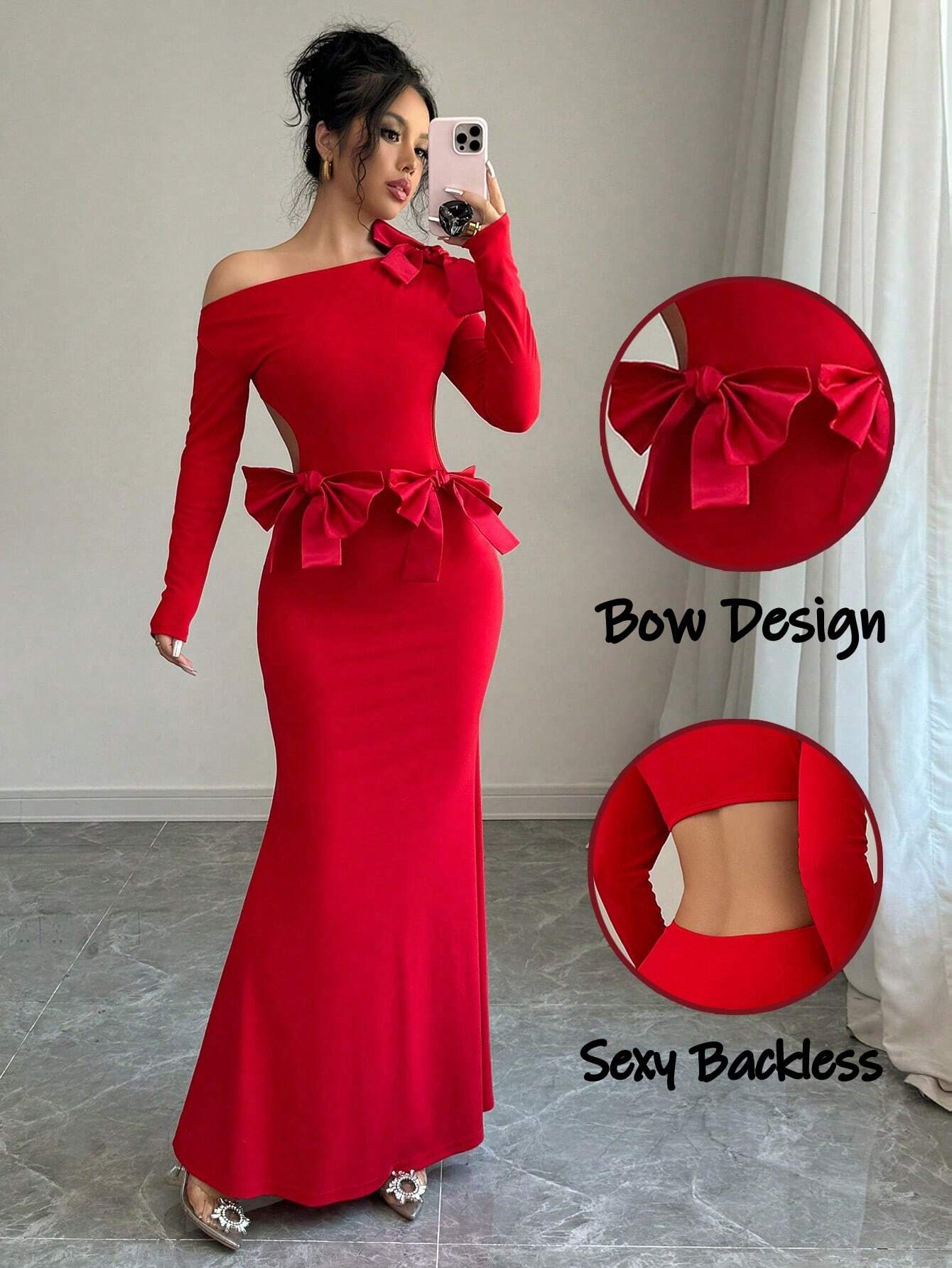 SHEIN Privé Women Solid Color Asymmetric Neck Long Sleeve Bow Decor Dress