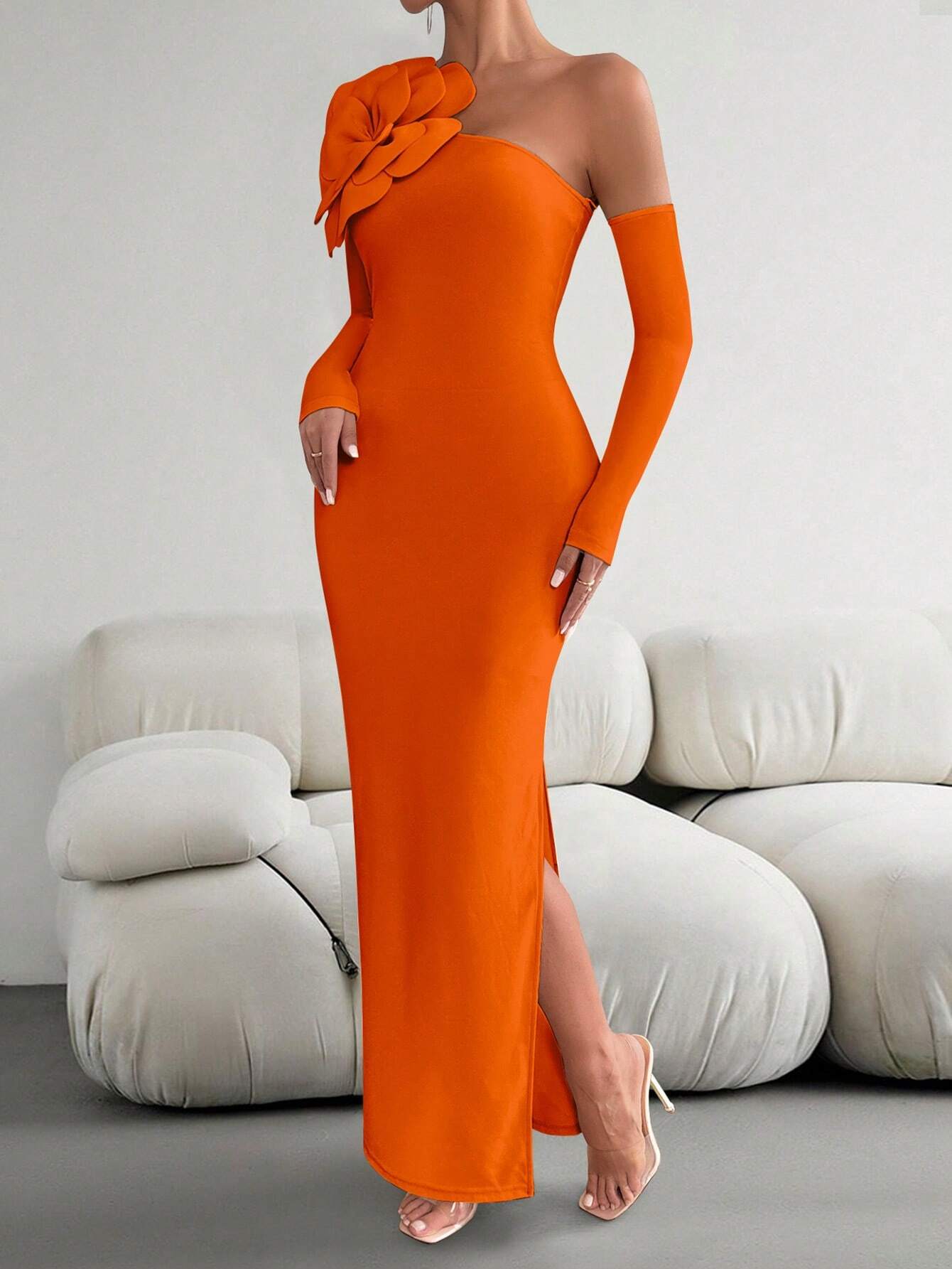 SHEIN Privé Women's Spring & Summer Solid Asymmetrical Neckline Slim Elegant Dress