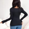 SHEIN Unity Elegant Slim Fit Long Sleeve Bowknot Black T-Shirt