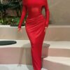 SHEIN Autumn Solid Color Off-Shoulder Long Mesh Hollow Out Bodycon Dress