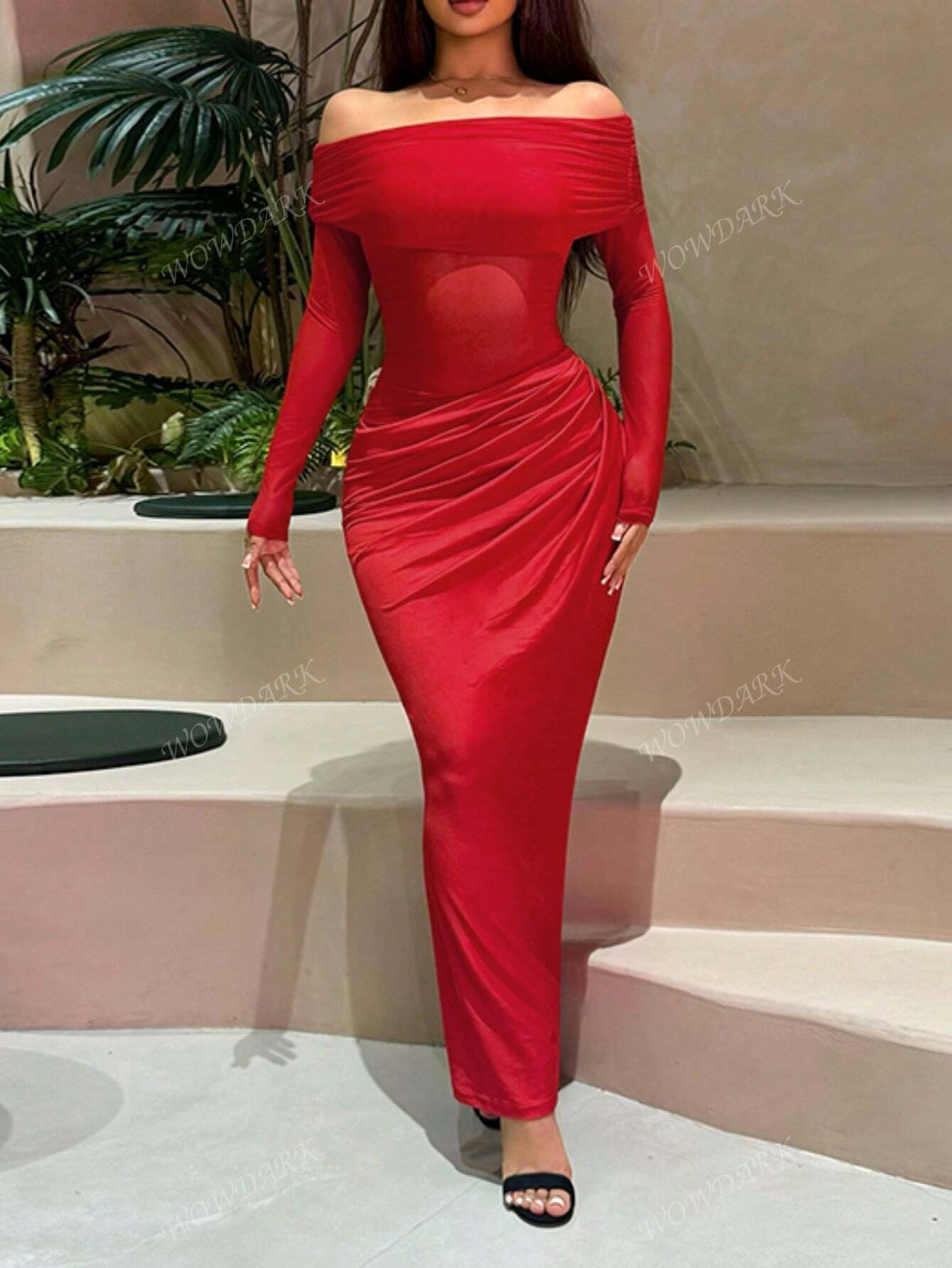 SHEIN Autumn Solid Color Off-Shoulder Long Mesh Hollow Out Bodycon Dress