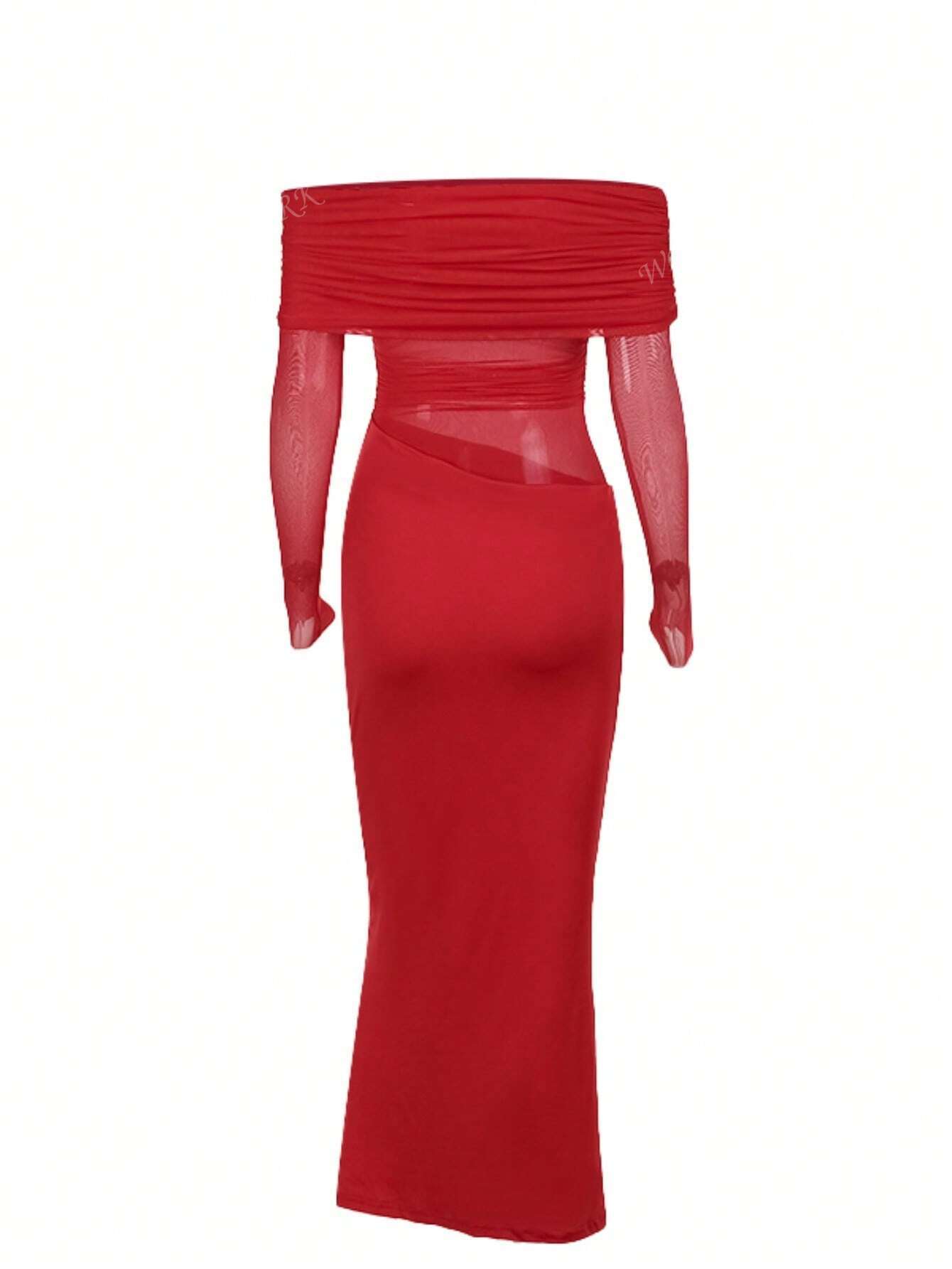 SHEIN Autumn Solid Color Off-Shoulder Long Mesh Hollow Out Bodycon Dress