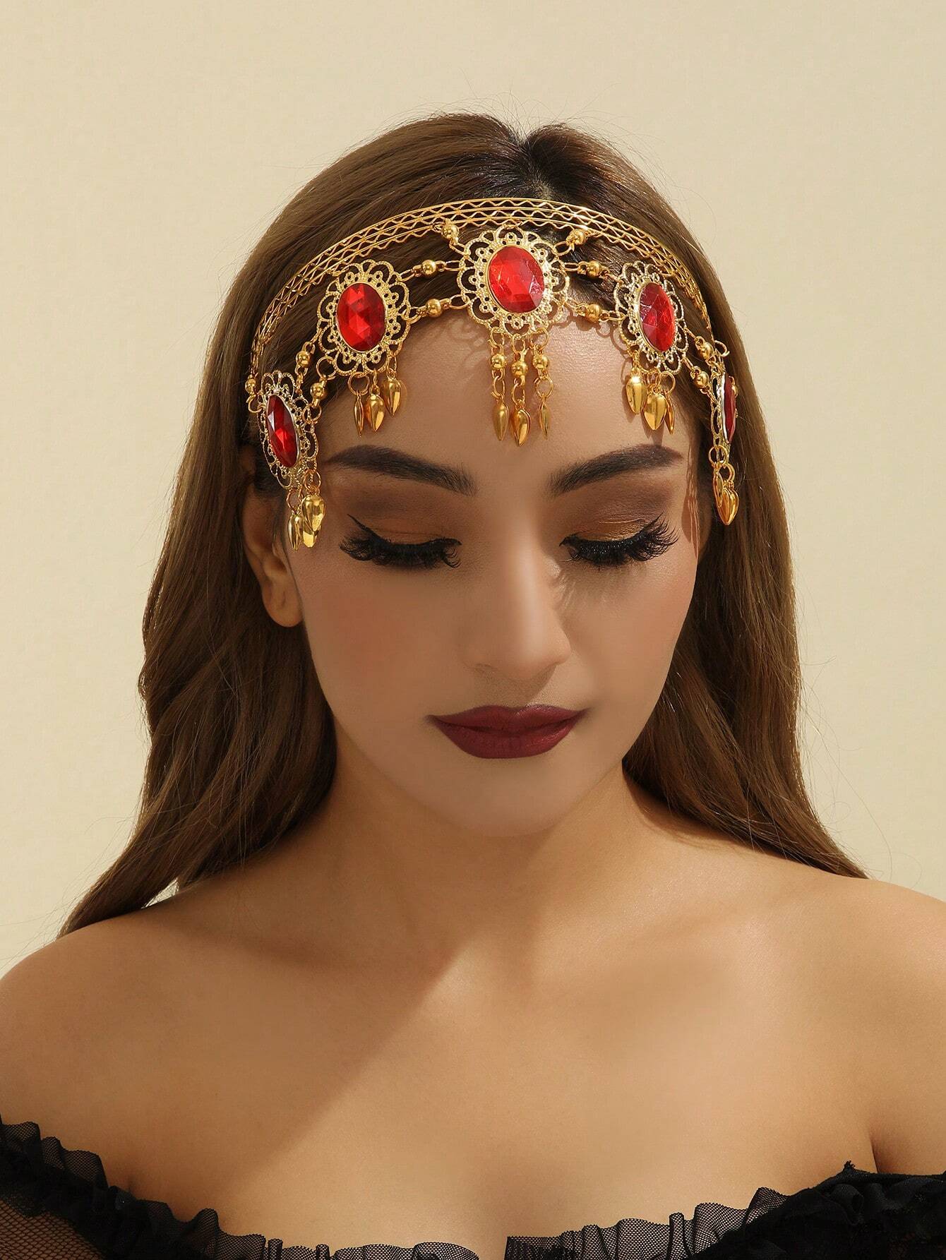 SHEIN Golden Metal Rhinestone Flower Tassel Bohemian Hair