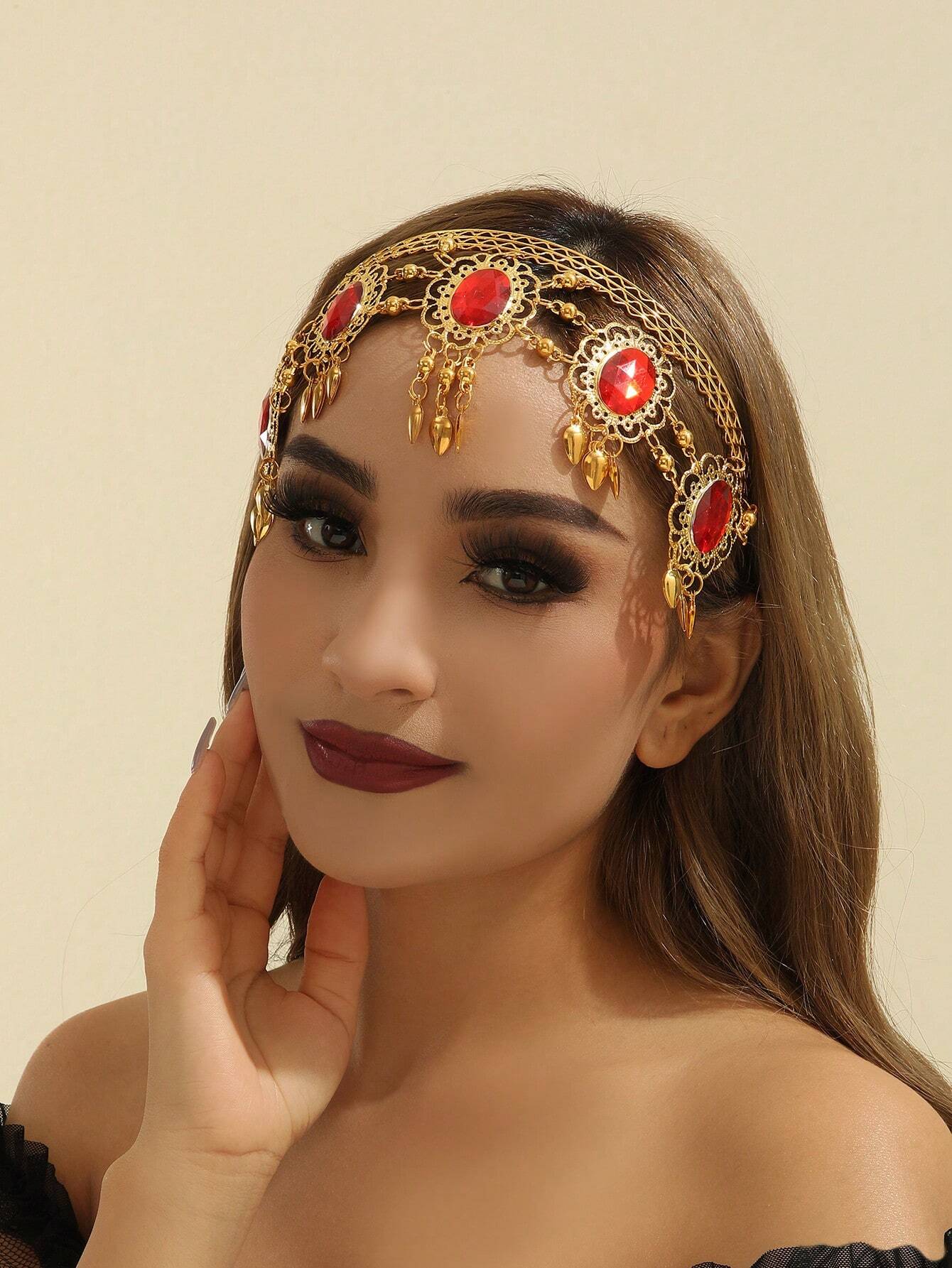 SHEIN Golden Metal Rhinestone Flower Tassel Bohemian Hair