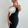 SHEIN Firerie Women's Elegant Floral Decor Strapless Bodycon Black Dress