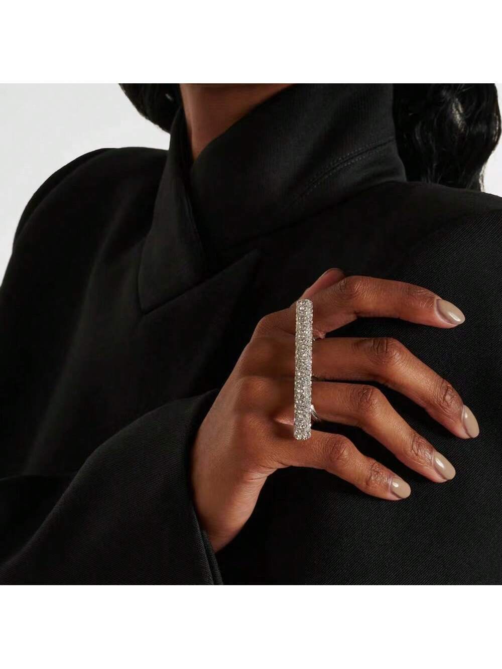 SHEIN Luxury Y2K Multi-Row Rhinestone Crystal Double Finger Ring