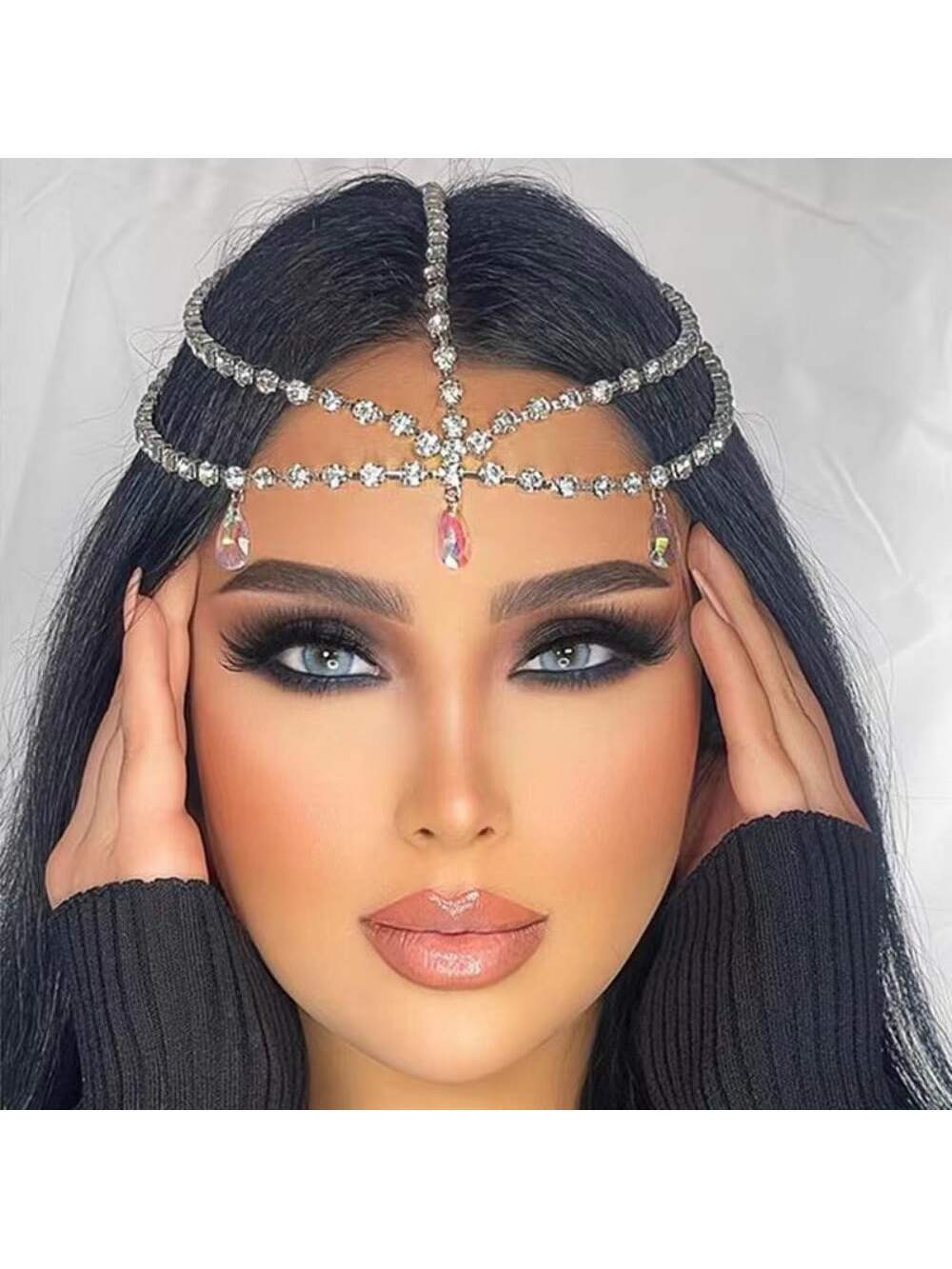 SHEIN Rhinestone Multi layer Water Drop Forehead Chain Headband Hair
