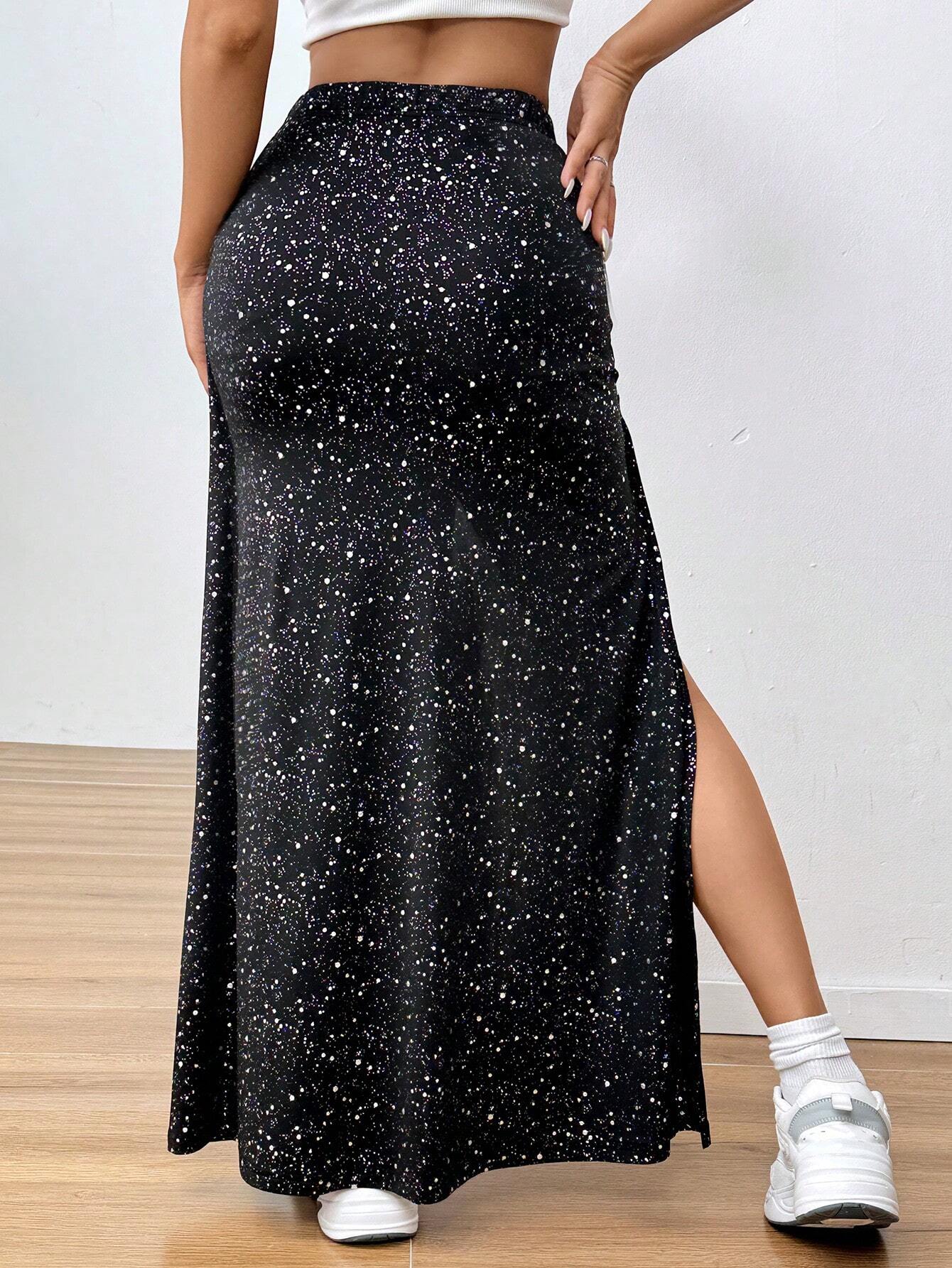 SHEIN EZwear Women's Y2K Style Silver Foil Print High Slit Skirt