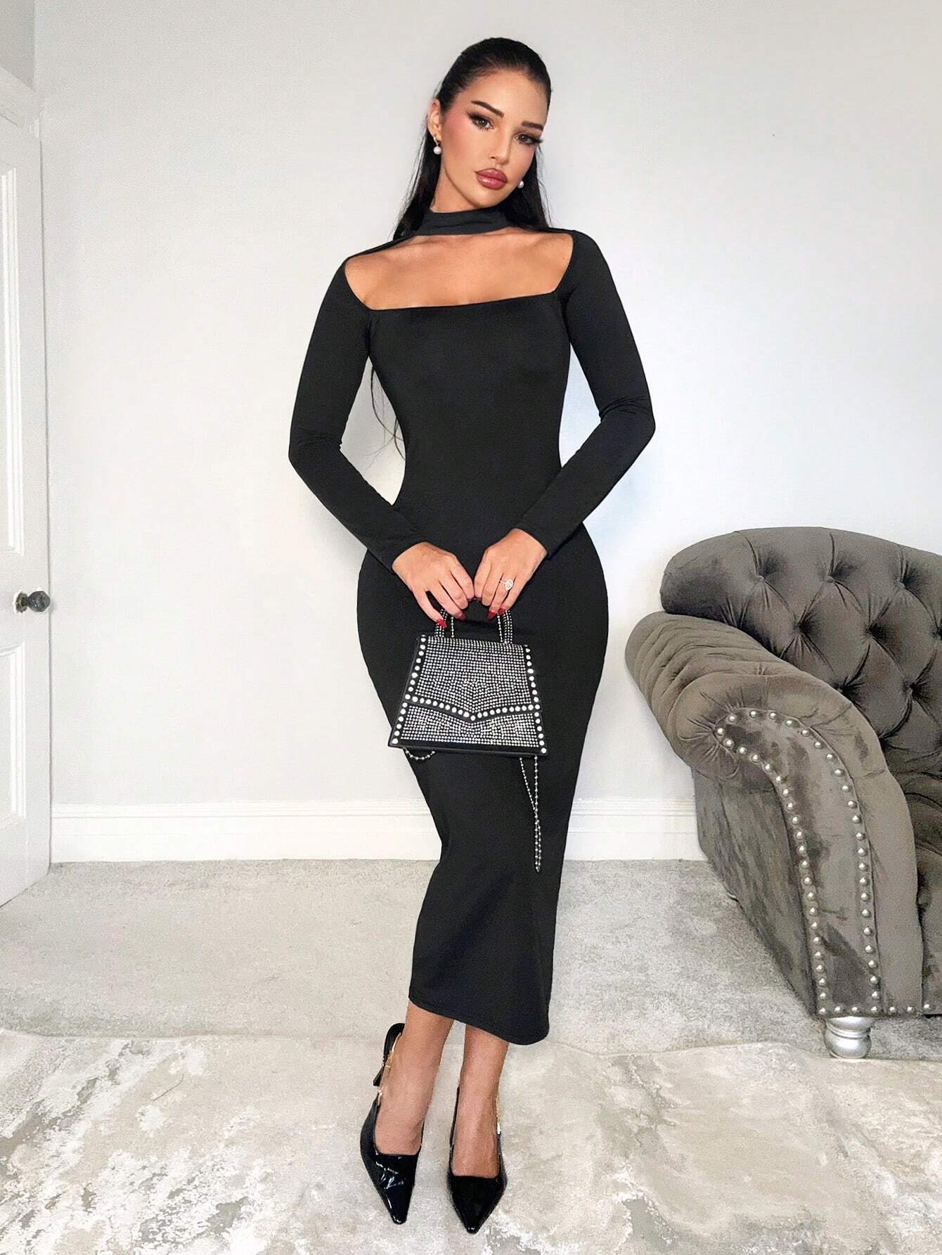 SHEIN Foxxy Women Solid Color Hollow Out Split Front Casual Long Sleeve Bodycon Dress