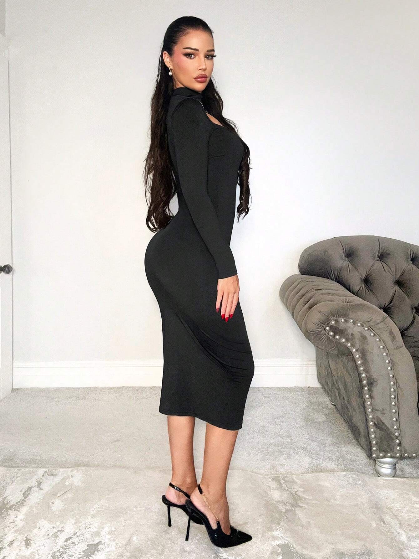 SHEIN Foxxy Women Solid Color Hollow Out Split Front Casual Long Sleeve Bodycon Dress
