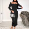 SHEIN Foxxy Women Solid Color Hollow Out Split Front Casual Long Sleeve Bodycon Dress