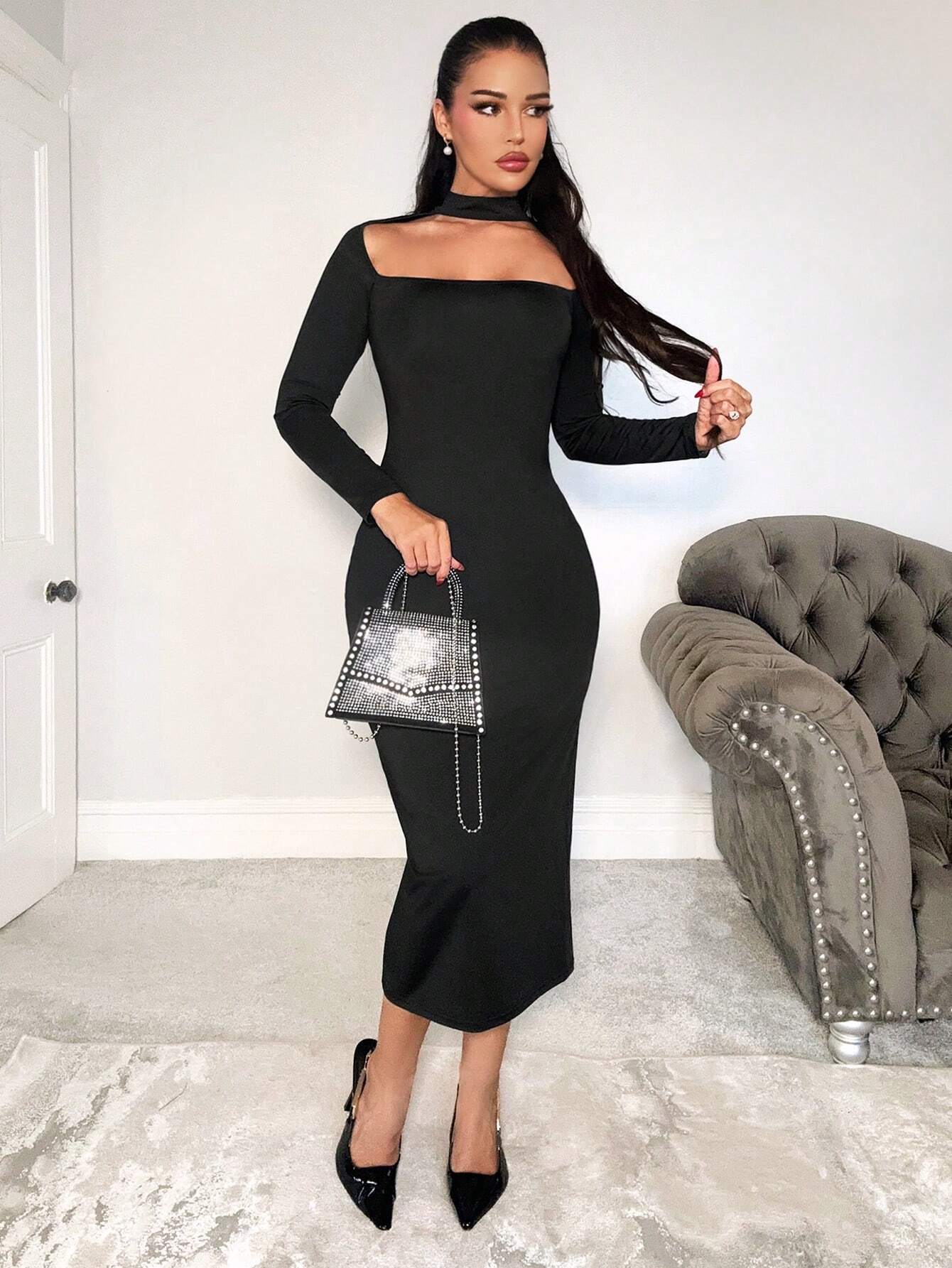 SHEIN Foxxy Women Solid Color Hollow Out Split Front Casual Long Sleeve Bodycon Dress