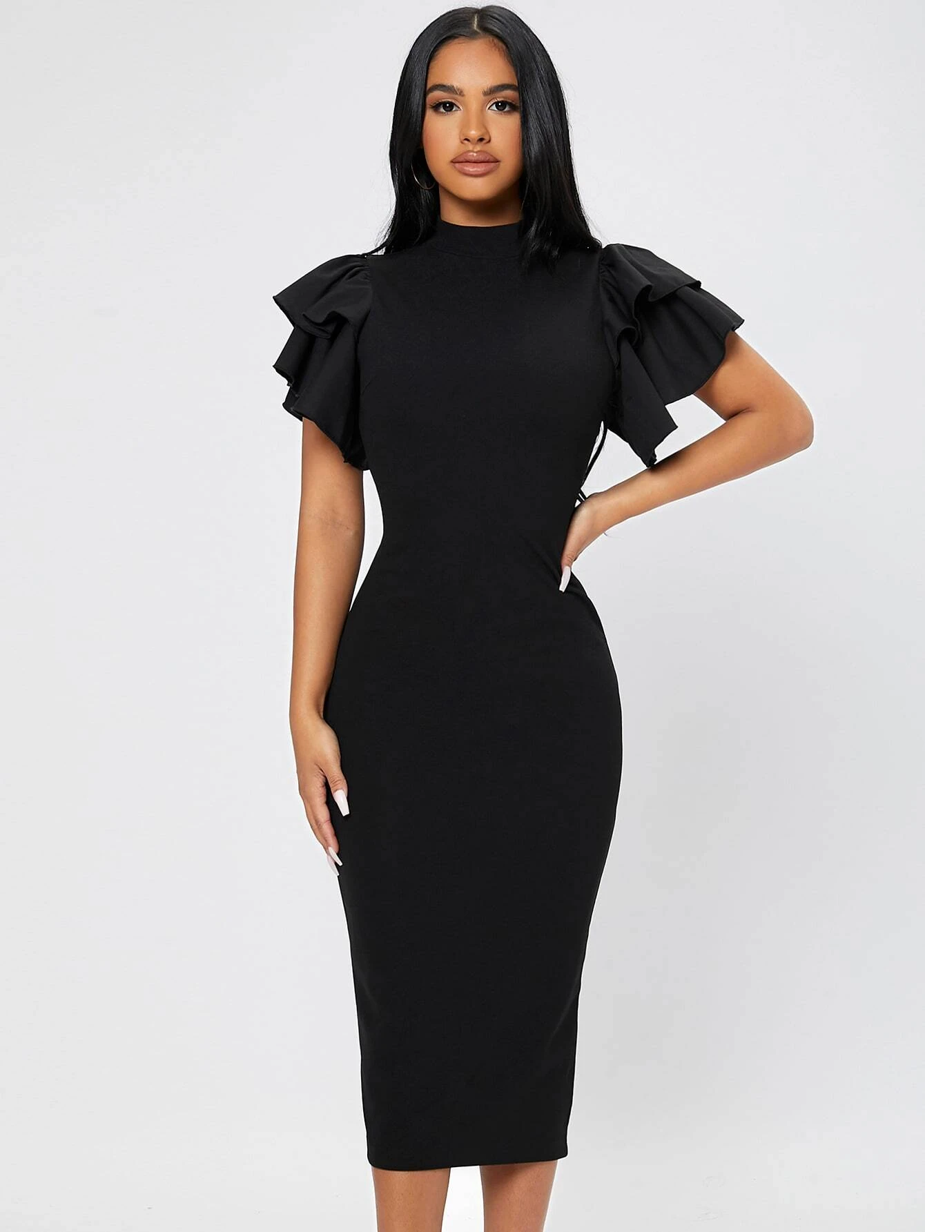 SHEIN PETITE Mock Neck Butterfly Sleeve Split Back Dress