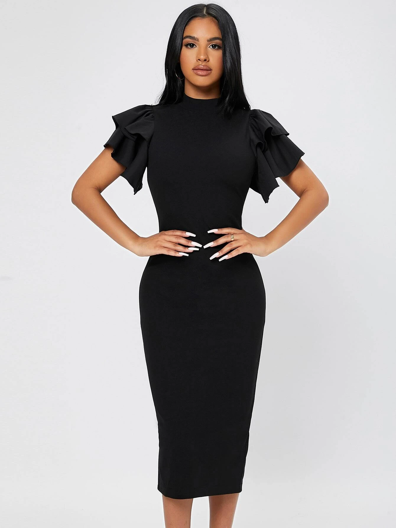 SHEIN PETITE Mock Neck Butterfly Sleeve Split Back Dress - Image 3