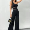 SHEIN Privé Women's Simple Elegant Black One Shoulder Mesh Flared Jumpsuit Unitard