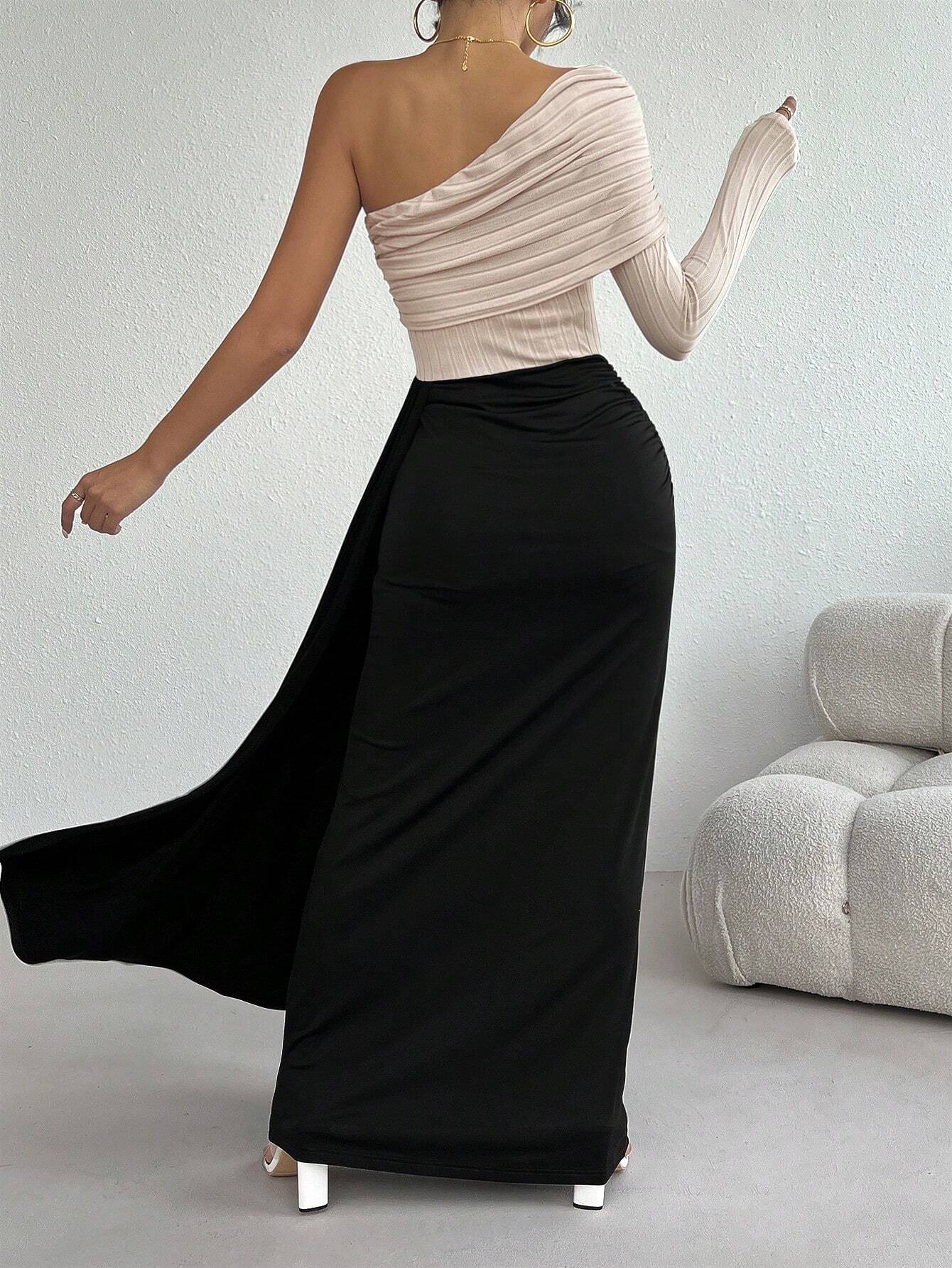 SHEIN Raffinéa Fashionable Elegant Sexy Contrast Color One-Shoulder Long Sleeve Dress