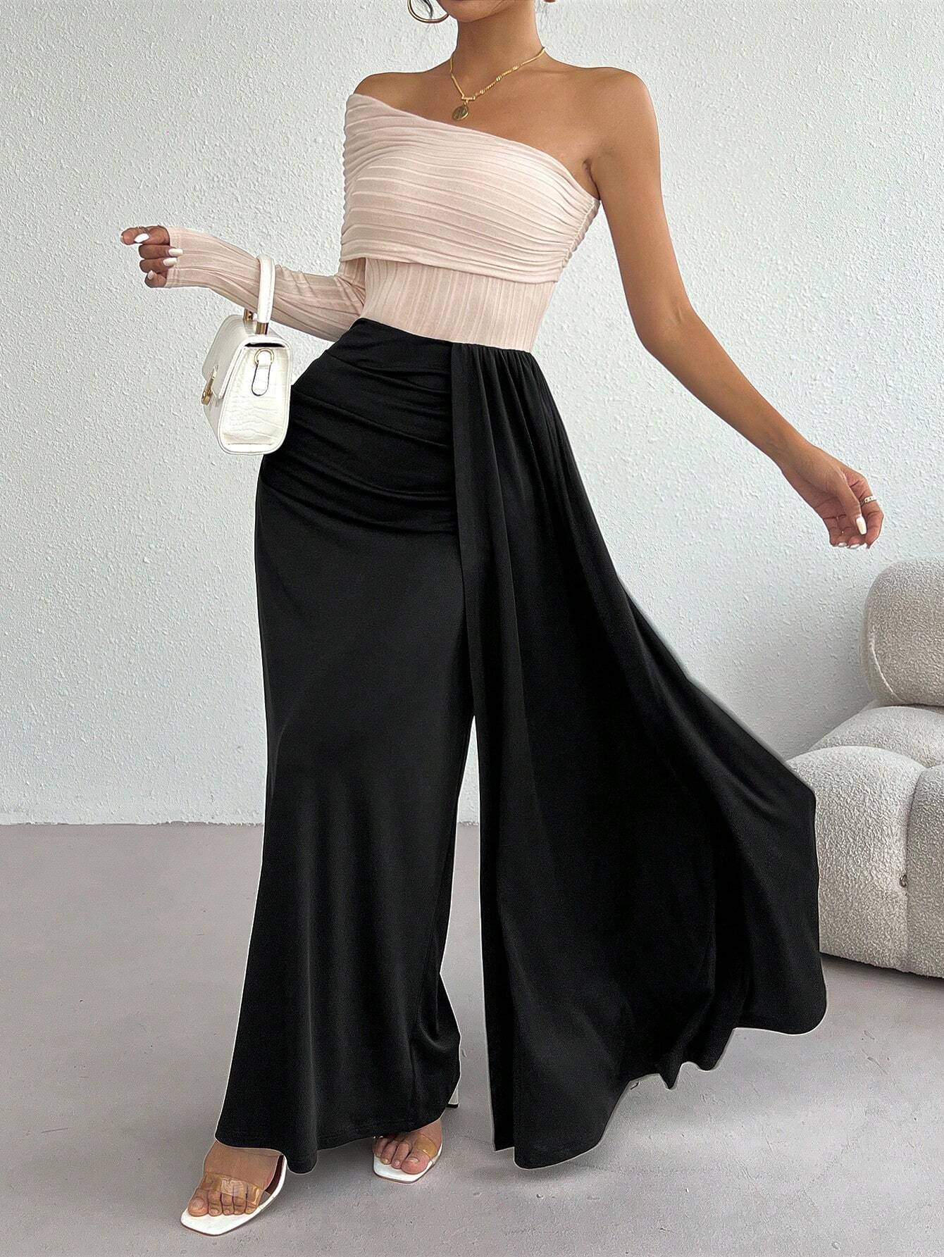 SHEIN Raffinéa Fashionable Elegant Sexy Contrast Color One-Shoulder Long Sleeve Dress