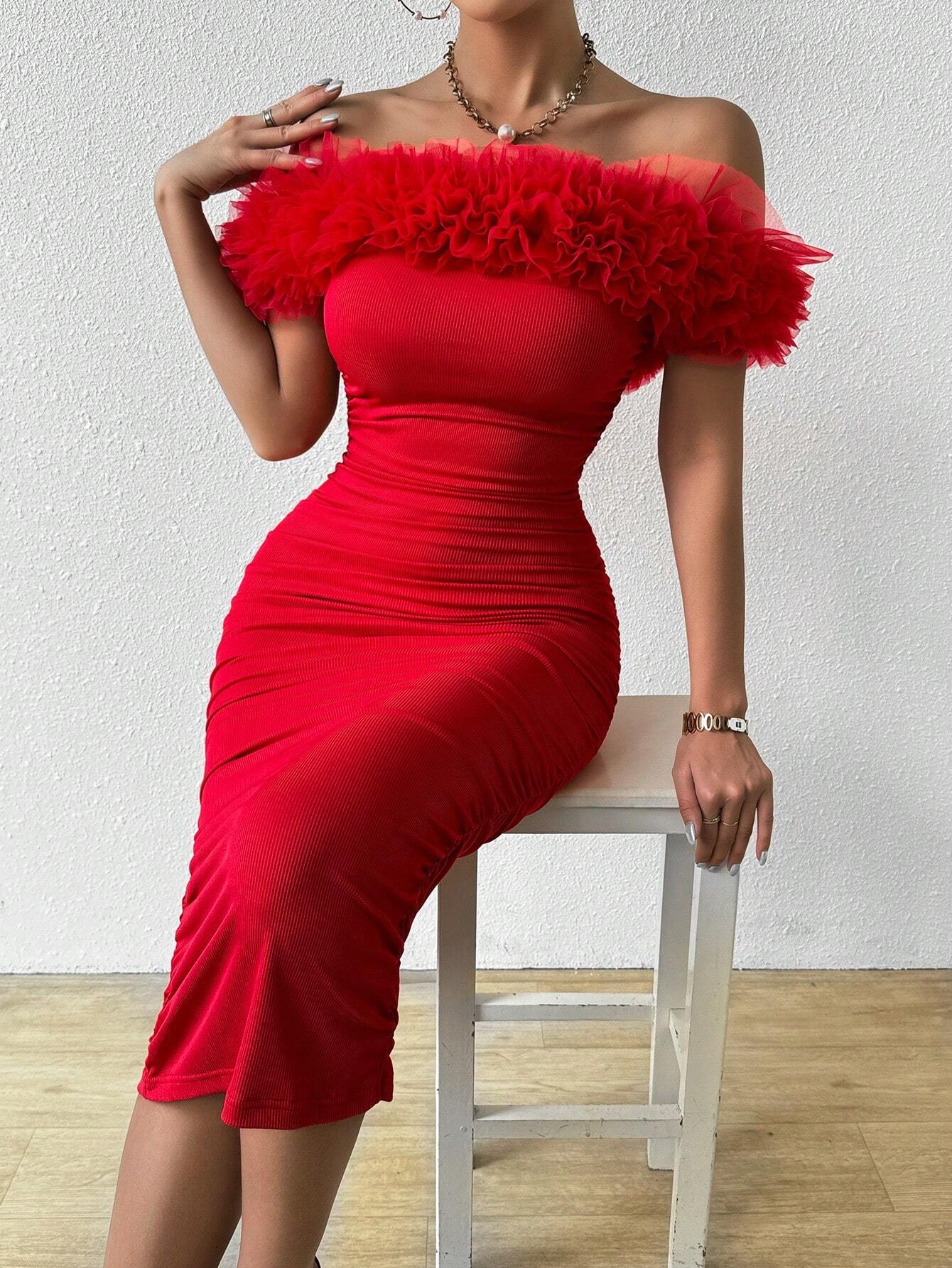 SHEIN Raffinéa Solid Color Off Shoulder Mesh Splicing Bodycon Dress