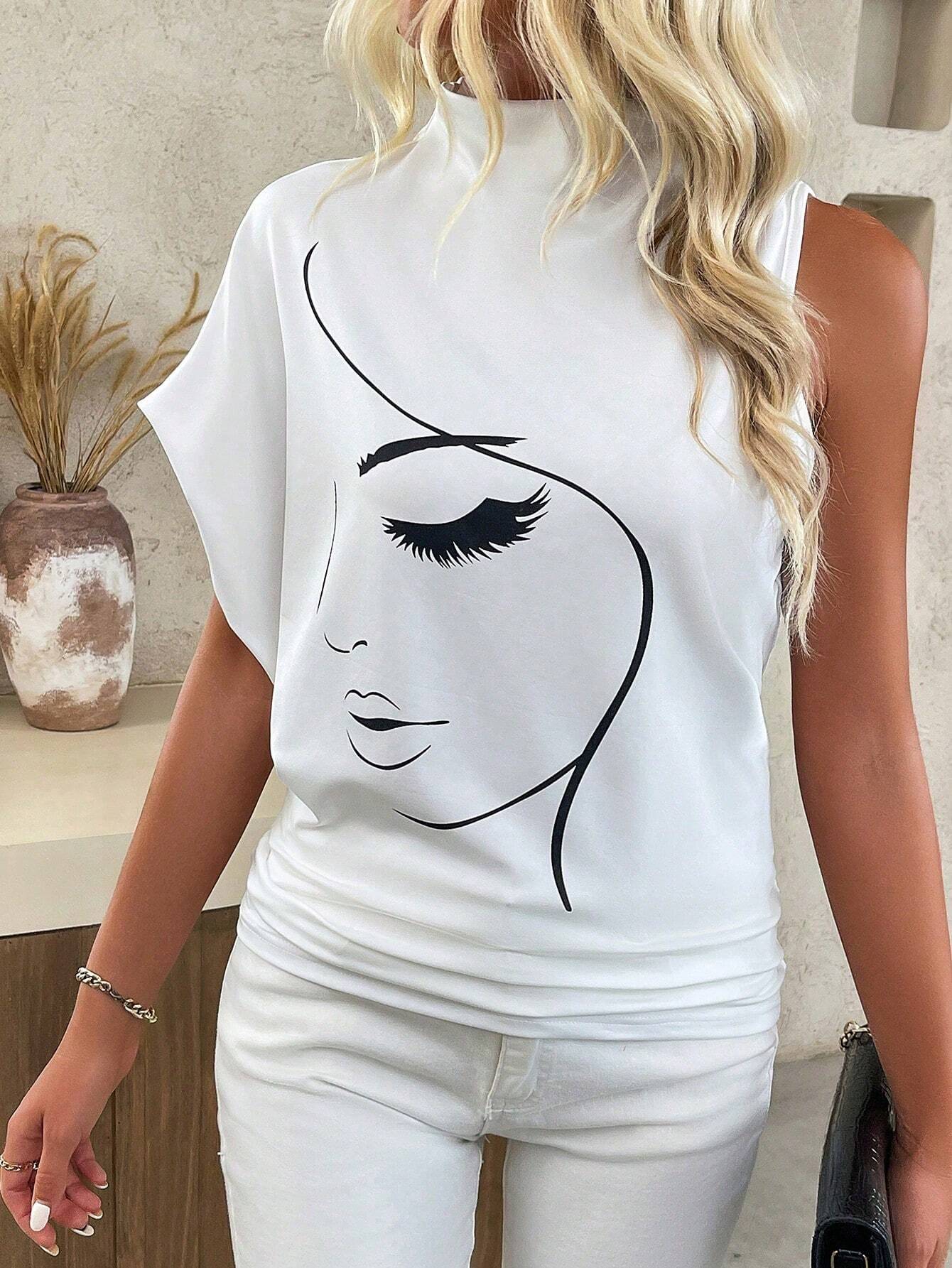 SHEIN Relaxiva Knitted Mock Neck Asymmetric Sleeve Graphic - Image 3