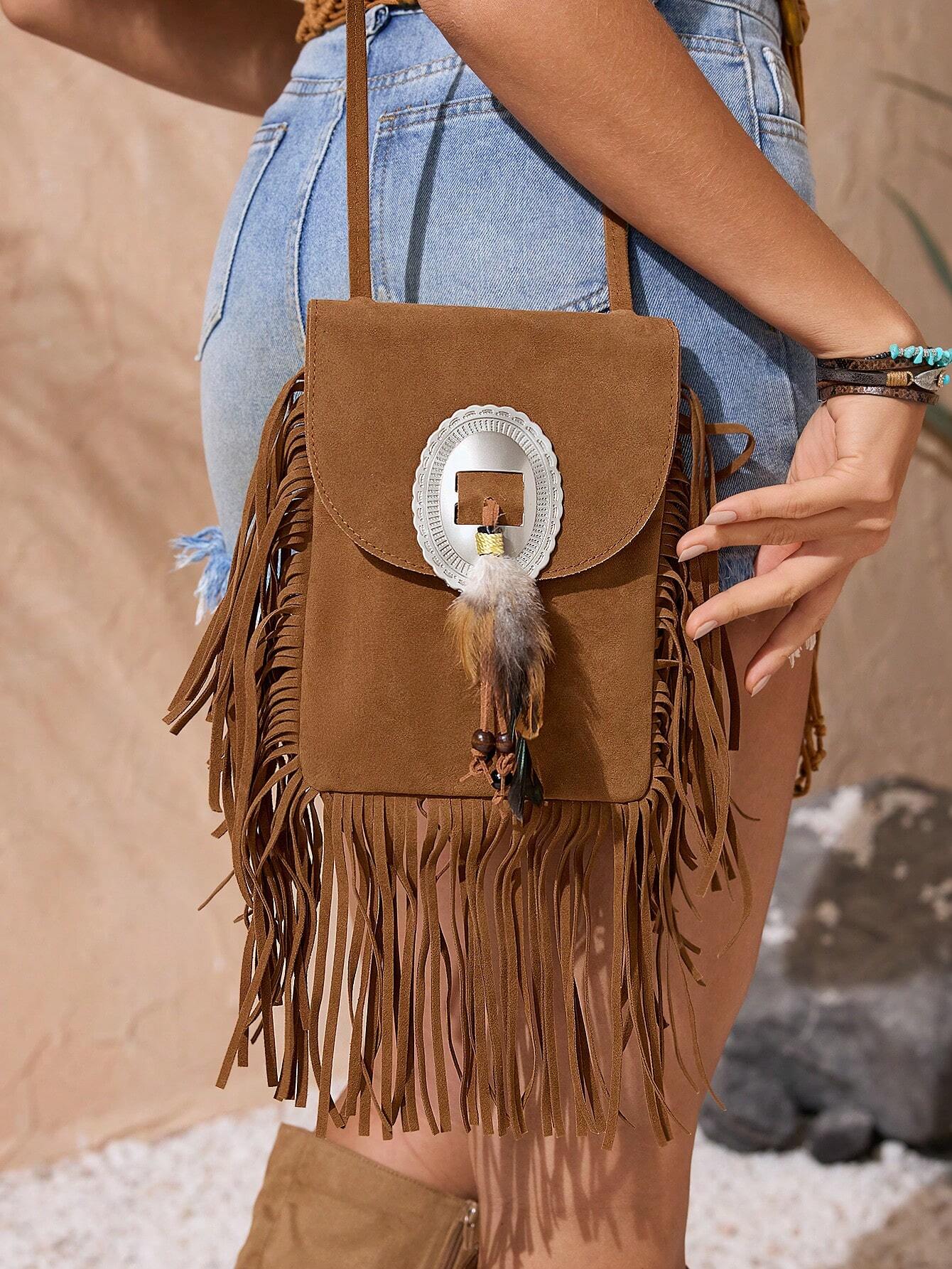 SHEIN VCAY Feather Decor Tasseled Crossbody Bag