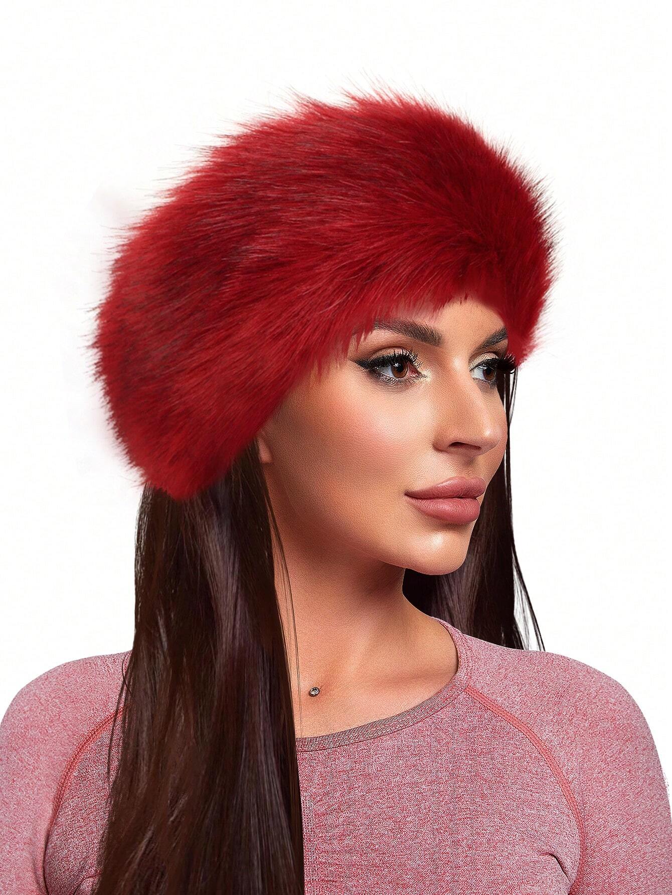 SHEIN Fluffy Beret Hat Warm And Versatile Fluffy Cap Wine Red