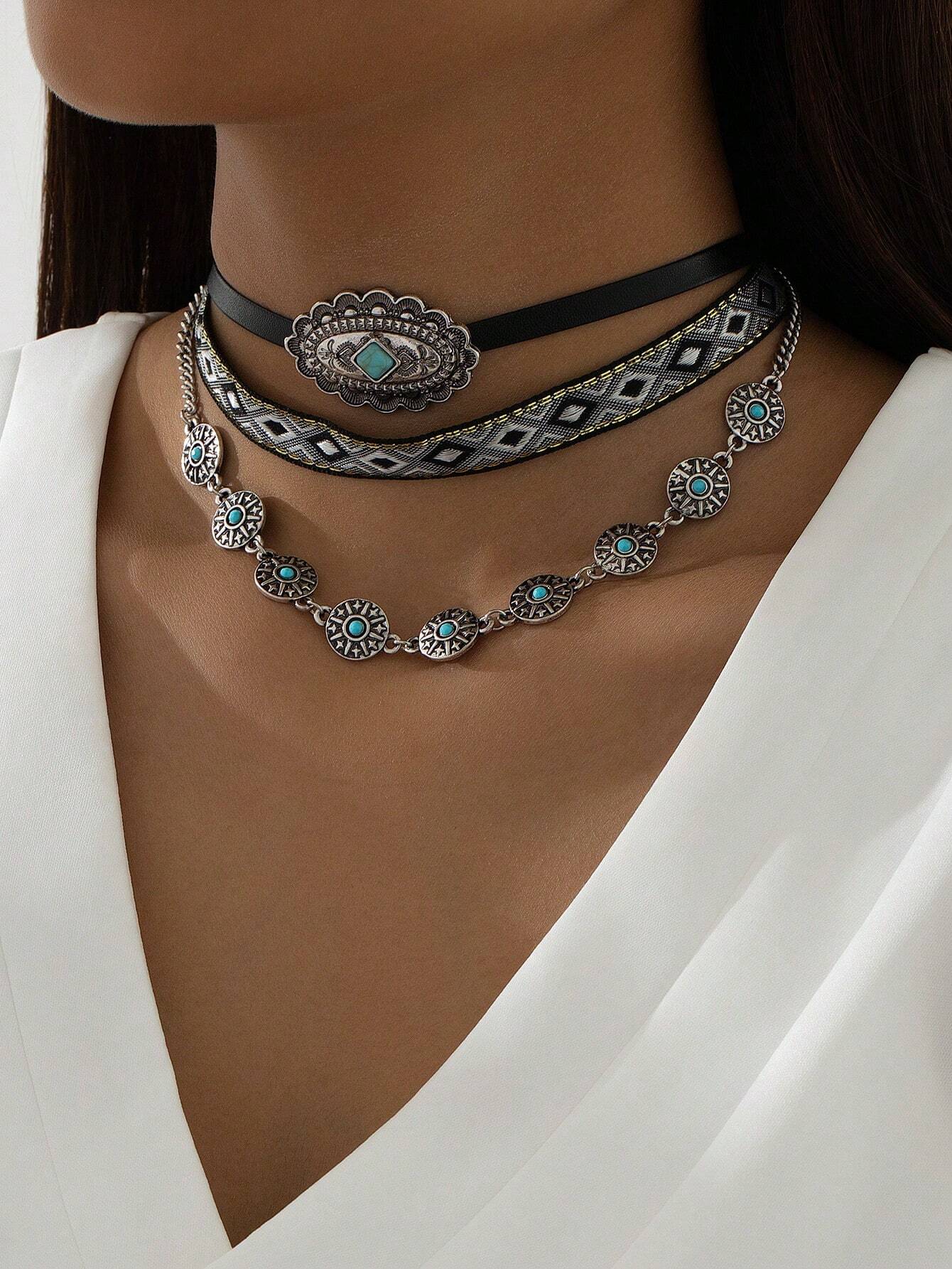 SHEIN 3pcs Vintage Western Style Turquoise Beaded Alloy Necklace Set