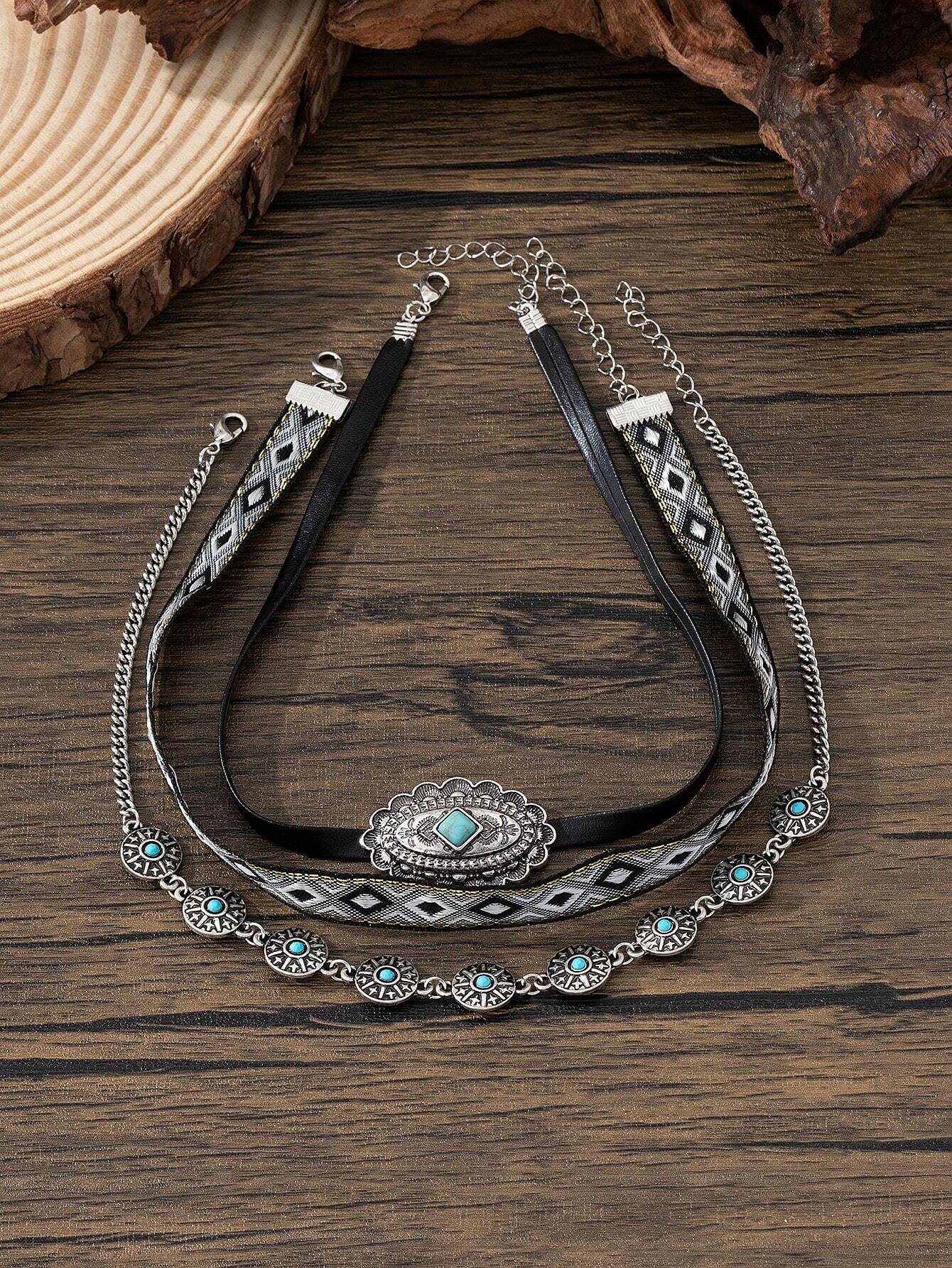 SHEIN 3pcs Vintage Western Style Turquoise Beaded Alloy Necklace Set