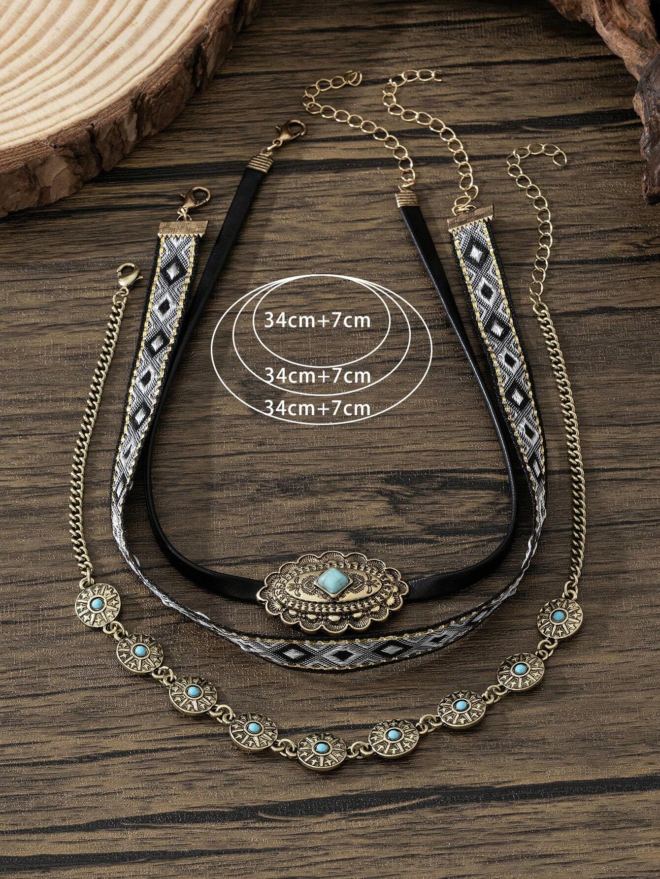 SHEIN 3pcs Vintage Western Style Turquoise Beaded Alloy Necklace Set