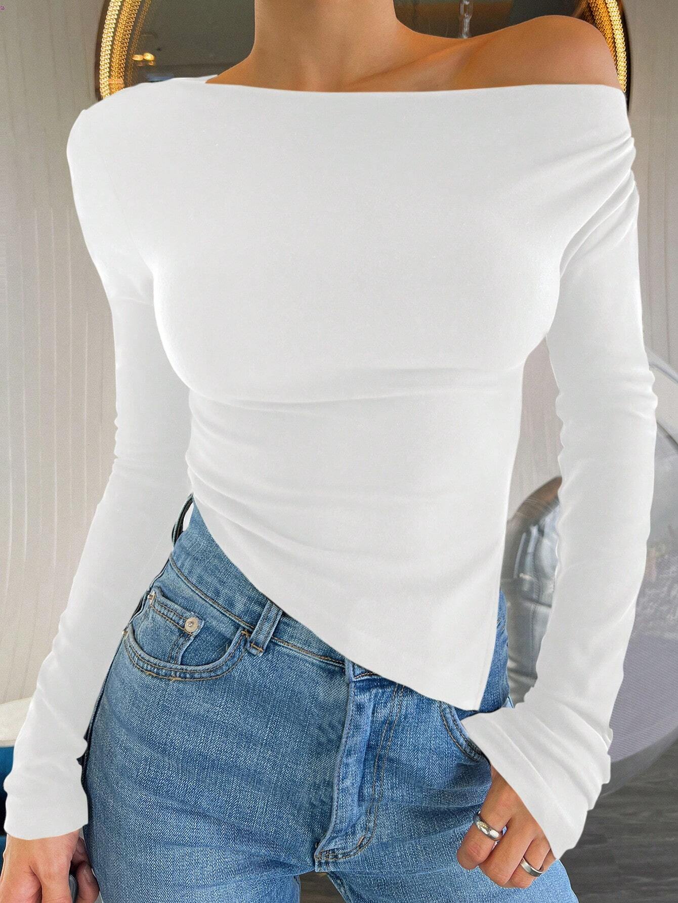 DAZY Women's Casual Solid Color Asymmetrical Neck Long Sleeve Slim Fit T Shirt