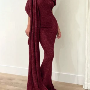 SHEIN Fashionable Asymmetric One Shoulder Ruffled Bodycon Long Dress