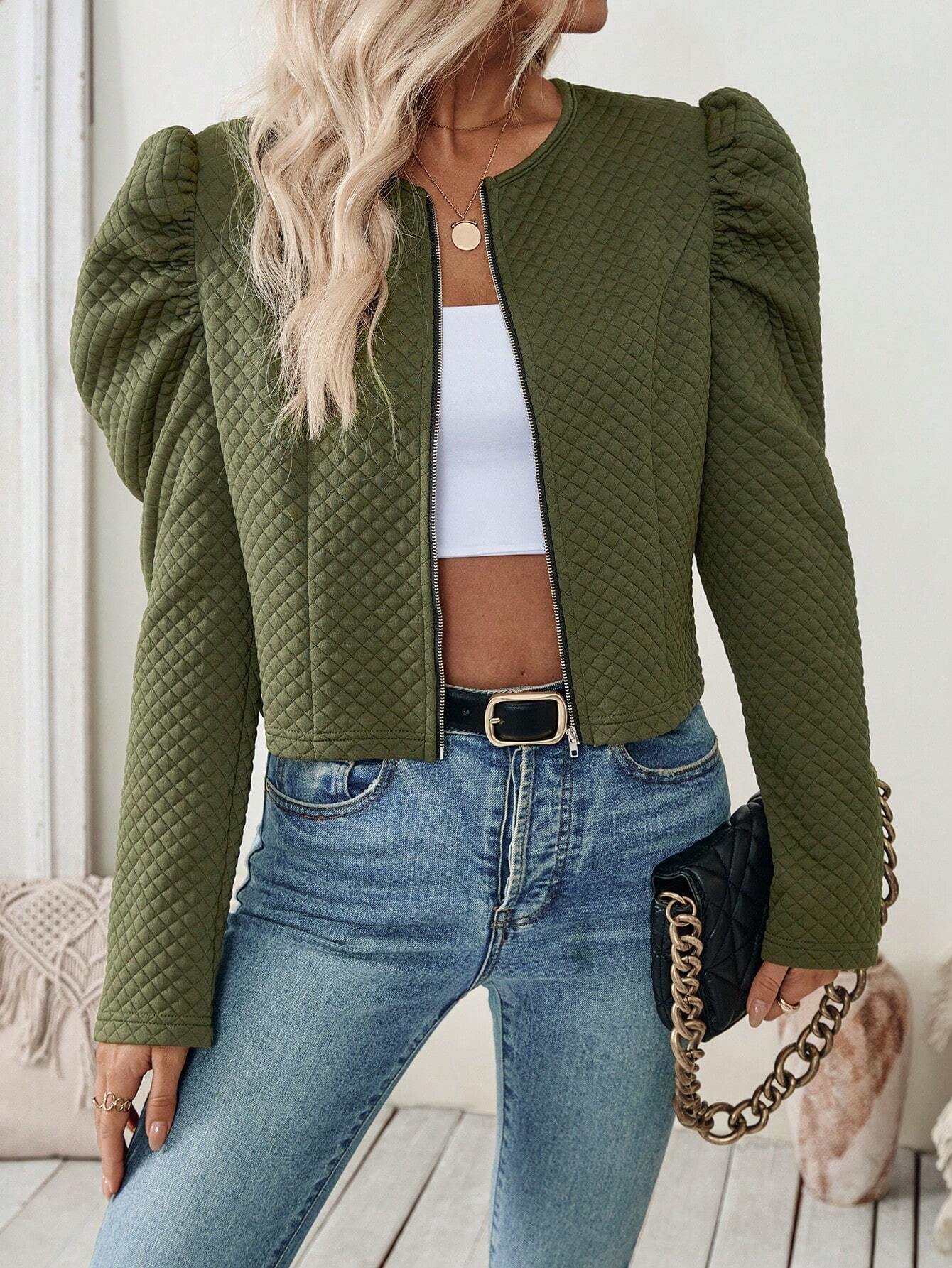 SHEIN Clasi Military Green Plain Woven Bubble Sleeve