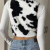 SHEIN EZwear Women's Cow Print Cropped Zip Up Lightweight Fleece Jacket
