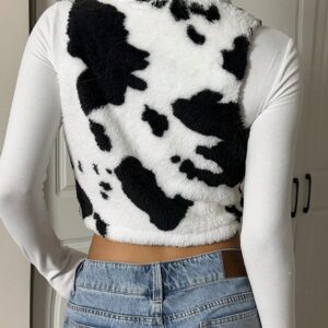 SHEIN EZwear Women's Cow Print Cropped Zip Up Lightweight Fleece Jacket