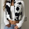 SHEIN EZwear Women's Cow Print Cropped Zip Up Lightweight Fleece Jacket