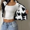 SHEIN EZwear Women's Cow Print Cropped Zip Up Lightweight Fleece Jacket