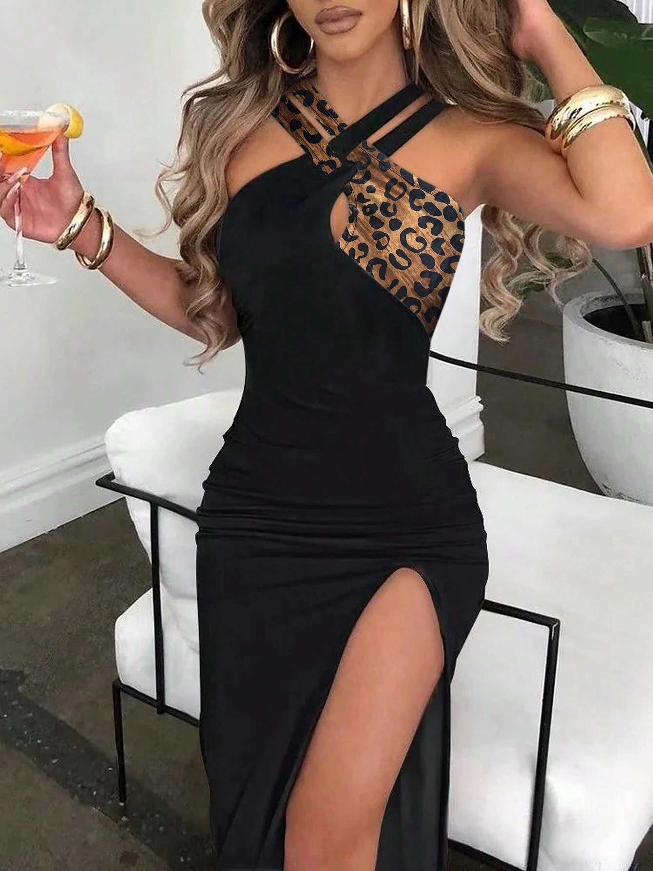 SHEIN Raffinéa Color-Blocked Leopard Print Halterneck Dress