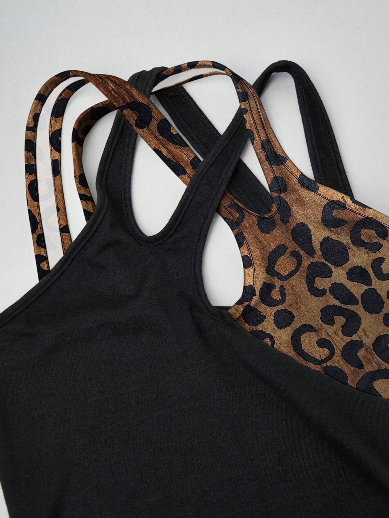 SHEIN Raffinéa Color-Blocked Leopard Print Halterneck Dress
