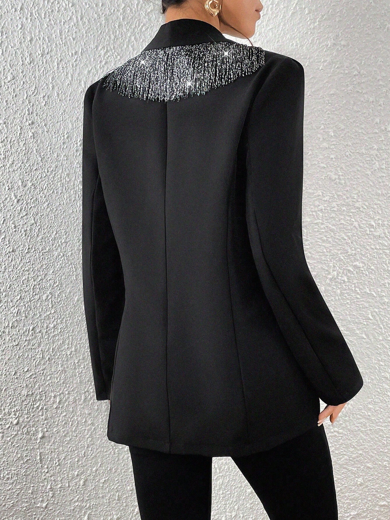 SHEIN Raffinéa Women's Solid Color Patchwork Fringe Long Sleeve Casual Blazer